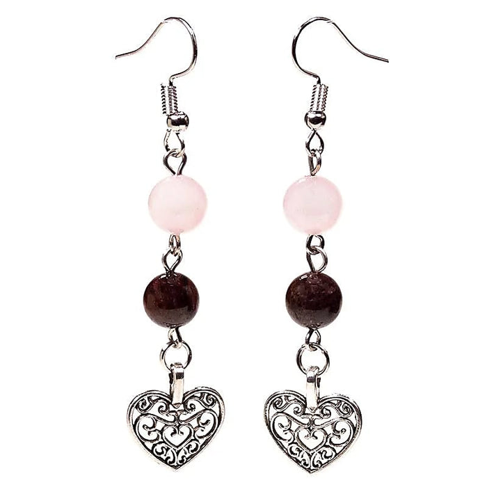 Boucles d'oreilles élégantes en grenat et quartz rose, avec coeur.