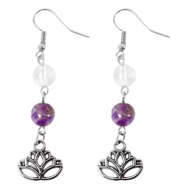 L'atelier d'élune - Boucles d'oreilles améthyste, cristal de roche et lotus